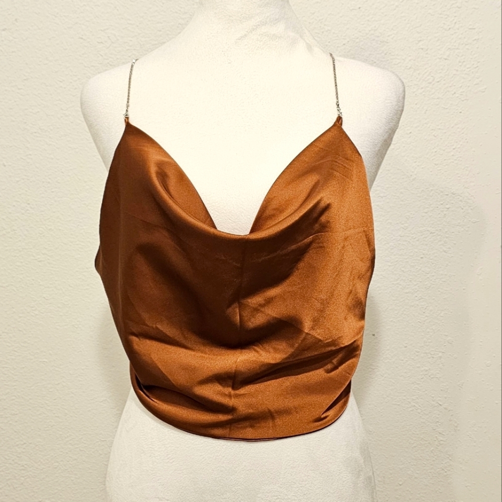 Open Back Rhinestone Chain Satin Cowl Neck Camisole Rust Size XS